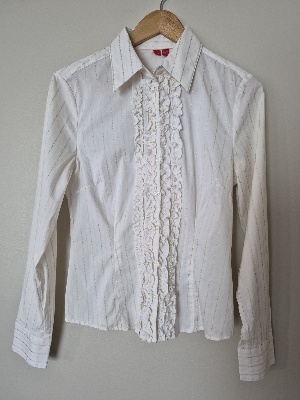 Esprit Women’s Ruffle Front Button-Up Blouse White Pink Gold Stripe 18.5” PTP